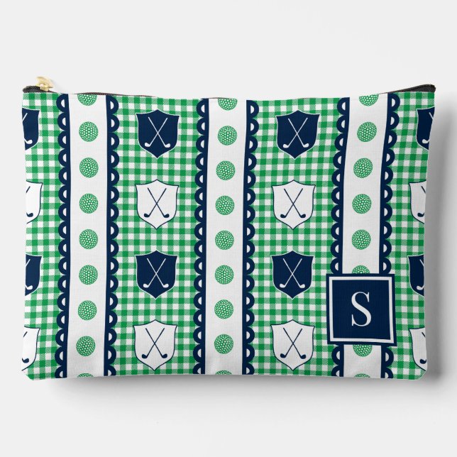Preppy Golf Crest Gingham - Green & Navy Accessory Pouch (Front)