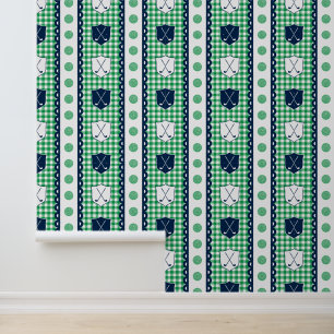Preppy Golf Crest Gingham in Green & Navy Wallpaper