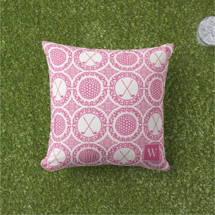Preppy Golf Damask - Balls & Clubs in Hot Pink Cushion