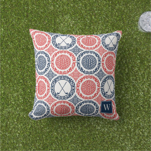 Preppy Golf Damask - Balls & Clubs in Navy & Red Cushion