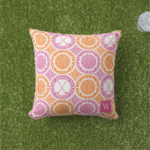 Preppy Golf Damask - Balls & Clubs - Orange & Pink Cushion