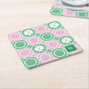 Preppy Golf Damask - Balls & Clubs - Pink & Green Square Paper Coaster
