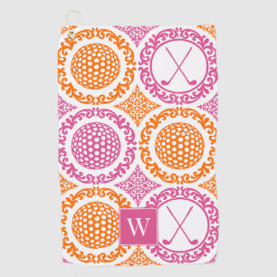 Preppy Golf Damask - Balls & Clubs Pink & Orange Towel