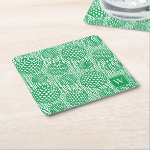 Preppy Golf Greek Key - Classic Green & White Square Paper Coaster