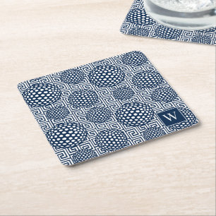 Preppy Golf Greek Key - Classic Navy & White Square Paper Coaster