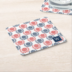 Preppy Golf Laurel Wreath - Red & Navy Square Paper Coaster