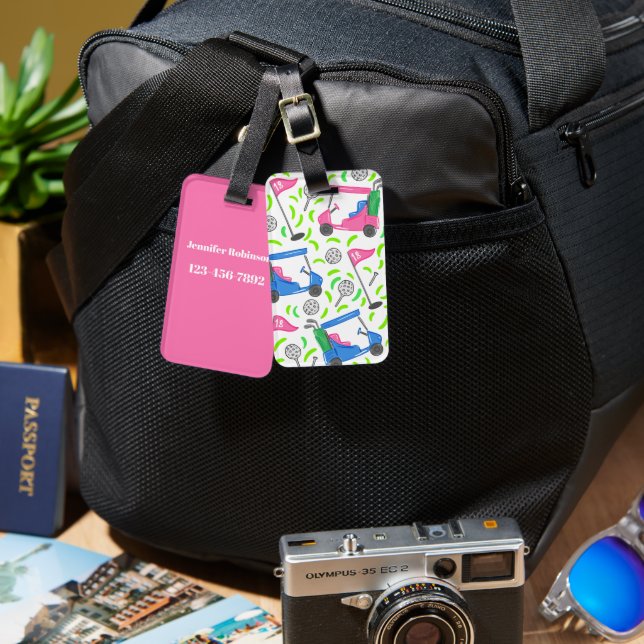 Preppy Golf Pink Blue Green Luggage Tag (Front & Back)