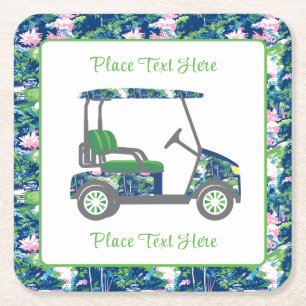 Preppy Golf Print Golf Cart Square Paper Coaster