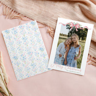 Preppy Grandmillennial Christmas Bow Swag Photo Holiday Card