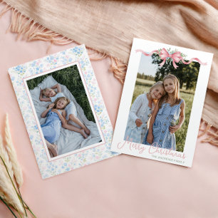 Preppy Grandmillennial Christmas Bow Swag Photo Holiday Card