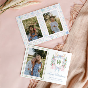 Preppy Grandmillennial Christmas Monogram Crest Holiday Card