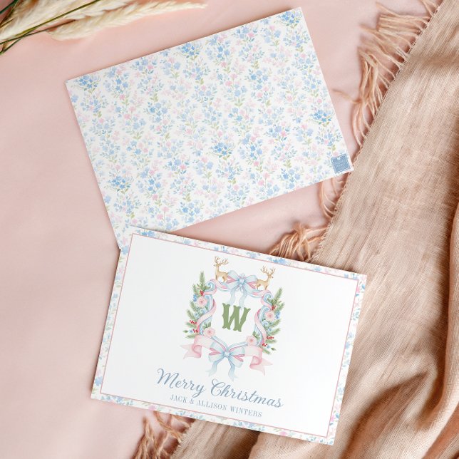 Preppy Grandmillennial Christmas Monogram Crest Holiday Card (Creator Uploaded)