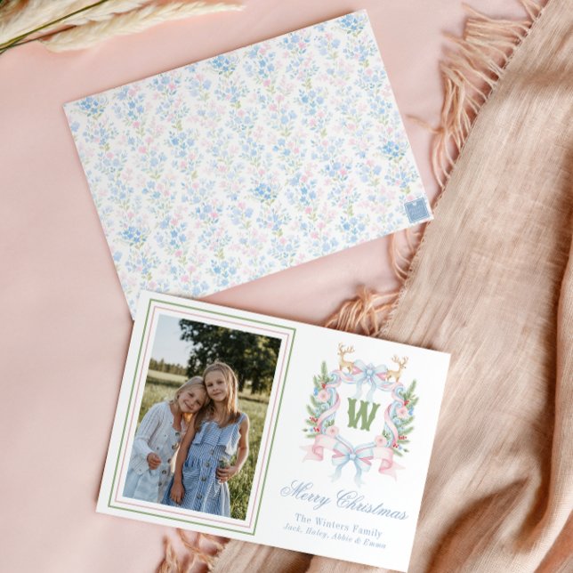 Preppy Grandmillennial Christmas Monogram Crest Holiday Card (Creator Uploaded)