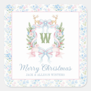Preppy Grandmillennial Christmas Monogram Crest Square Sticker