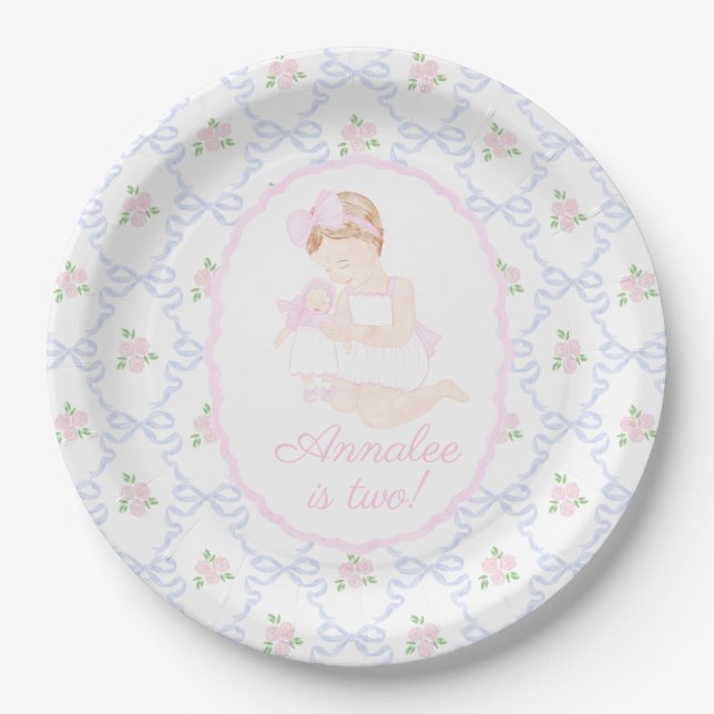 Preppy Grandmillennial Dolly and Me Pink Bows Paper Plate (Front)