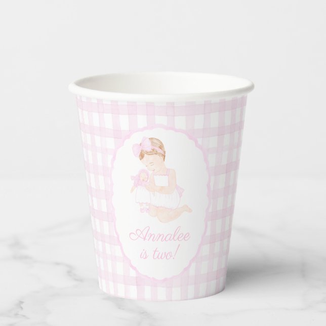 Preppy Grandmillennial Dolly and Me Pink Gingham Paper Cups (Front)