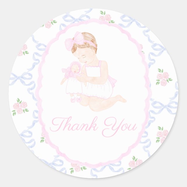Preppy Grandmillennial Dolly & Me Preppy Ribbon  Classic Round Sticker (Front)