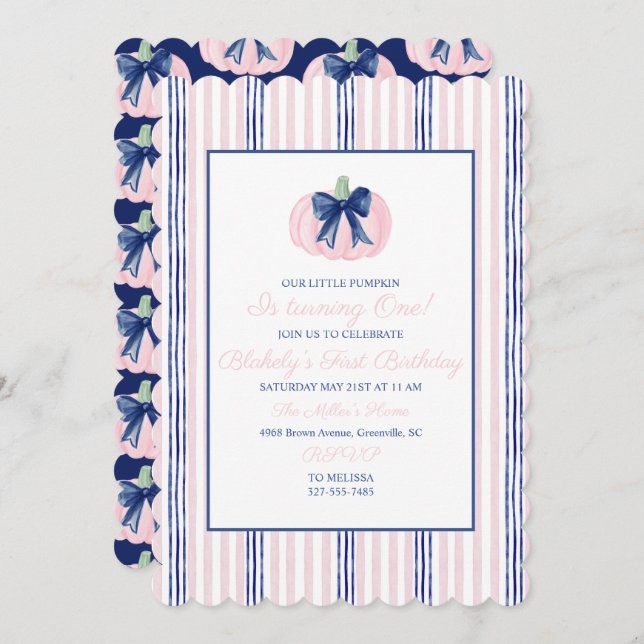 Preppy Grandmillennial Navy Our Little Pumpkin Invitation (Front/Back)