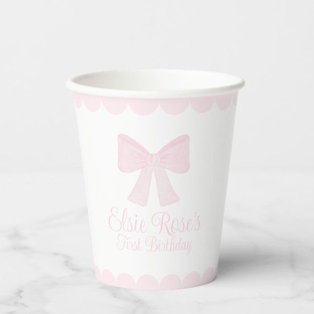 Preppy Grandmillennial Pink Bow First Birthday  Paper Cups (Front)