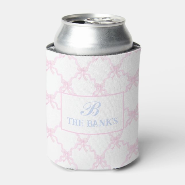Preppy Grandmillennial Pink bow trellis Monogram  Can Cooler (Can Front)
