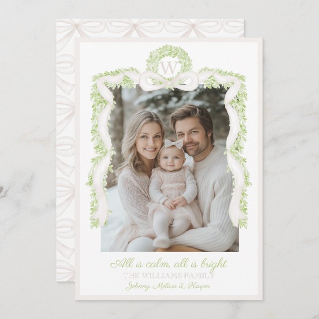 Preppy Grandmillennial Pink Bows Ribbon Garland  Holiday Card (Front/Back)