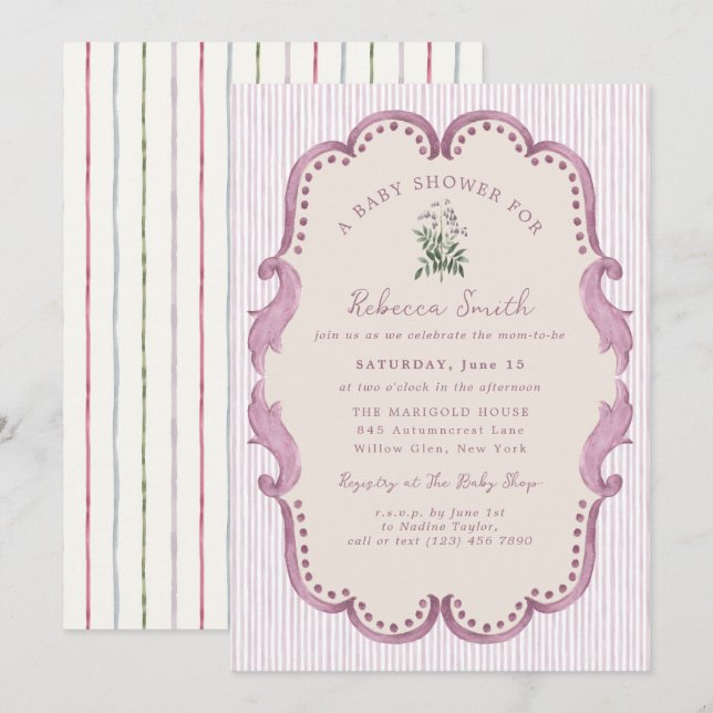 Preppy Grandmillennial Pink Girl Baby Shower Invitation (Front/Back)