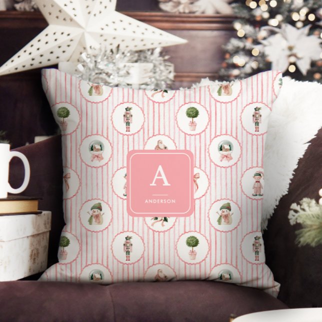 Preppy Grandmillennial Pink Nutcracker Christmas Cushion (Creator Uploaded)