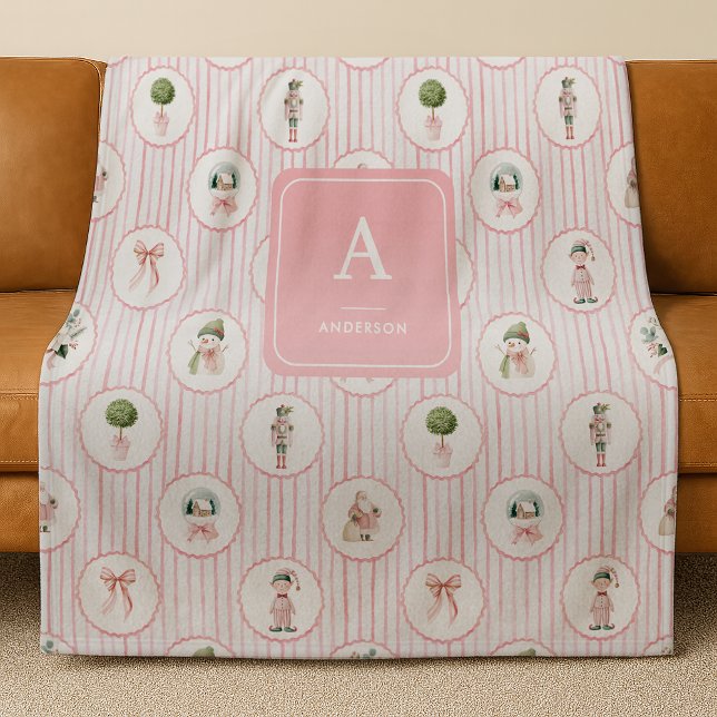 Preppy Grandmillennial Pink Nutcracker Christmas Fleece Blanket (Creator Uploaded)