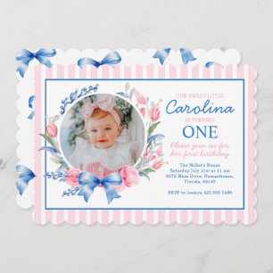 Preppy Grandmillennial Preppy Floral Blue Bows Invitation