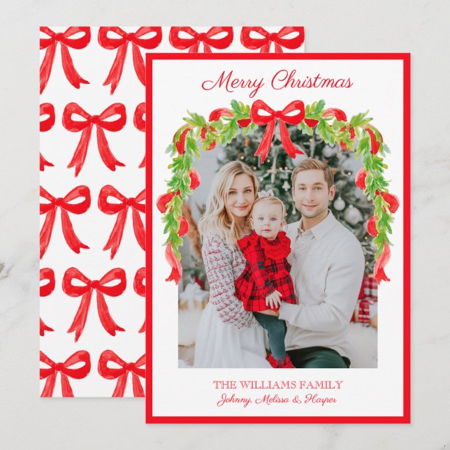 Preppy Grandmillennial Red Bows Ribbon Garland  Holiday Card (Front/Back)