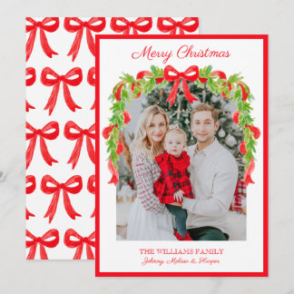 Preppy Grandmillennial Red Bows Ribbon Garland Holiday Card