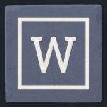 Preppy Graphic Border Monogram Simple Navy Blue Stone Coaster<br><div class="desc">A chic stylish preppy geometric square border monogram design. Designed by Thisisnotme©</div>