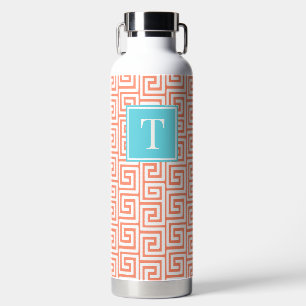 Preppy Greek Key Monogram - Coral & Turquoise Water Bottle