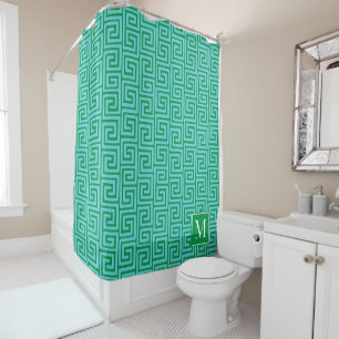 Preppy Greek Key Monogram – Green & Turquoise Shower Curtain