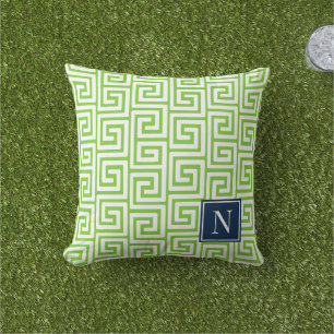 Preppy Greek Key Monogram – Lime Green & Navy Cushion
