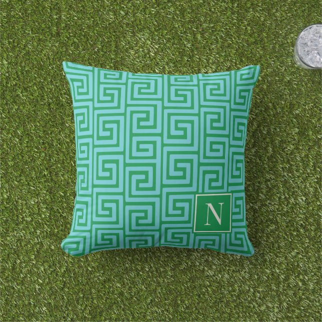 Preppy Greek Key Monogram – Turquoise & Green Cushion (Grass)