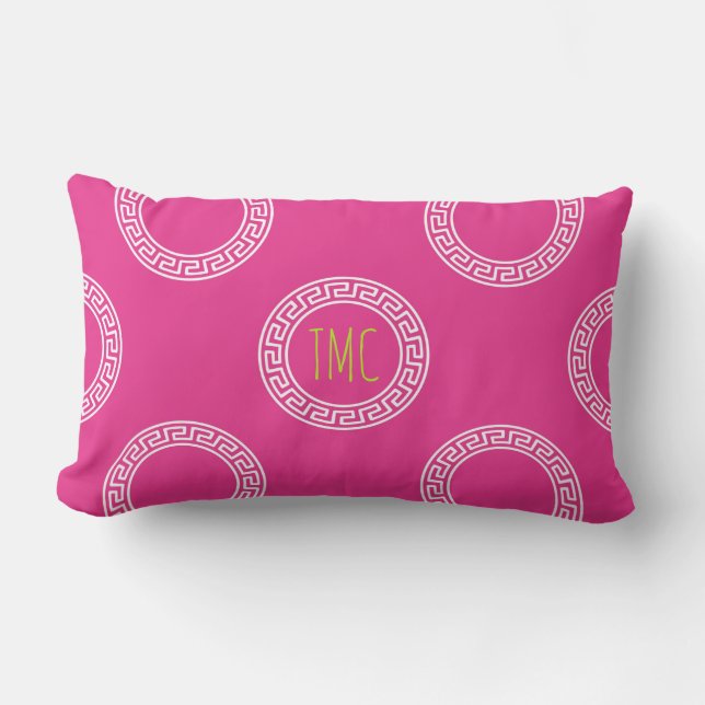Preppy Greek Key Ring Pink White Monogram Initials Lumbar Cushion (Front)