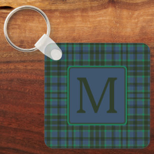 Preppy Green and Blue Plaid Monogram Key Ring