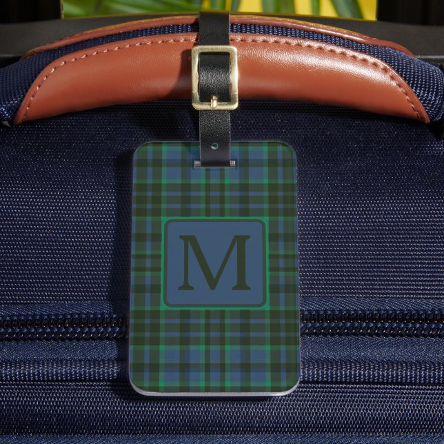 Preppy Green and Blue Plaid Monogram Luggage Tag (Front Insitu 2)