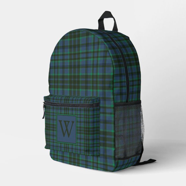Preppy Green and Blue Plaid Monogram Printed Backpack (Back Corner Right)