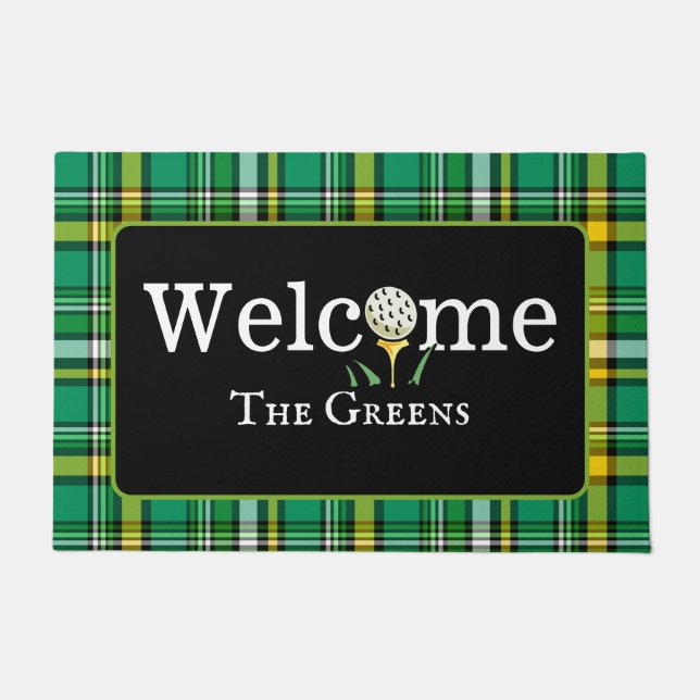 Preppy Green and Gold Plaid Golf Welcome Entry Doormat (Front)