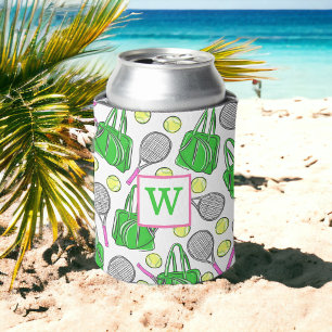 Preppy Green and Pink Tennis Pattern Monogram Can Cooler