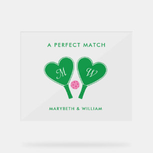 Preppy Green and Pink Wedding Pickleball Acrylic Sign
