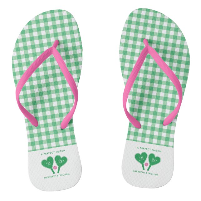 Preppy Green and Pink Wedding Pickleball Jandals (Footbed)