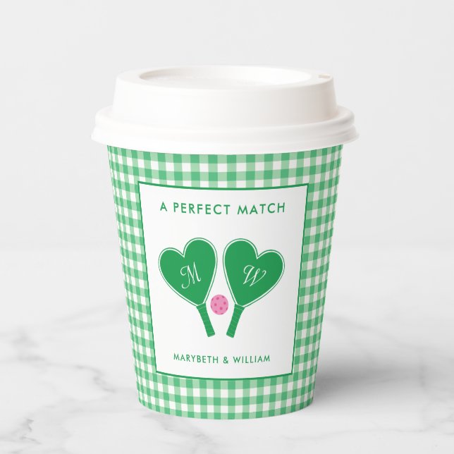 Preppy Green and Pink Wedding Pickleball Paper Cups (Front)