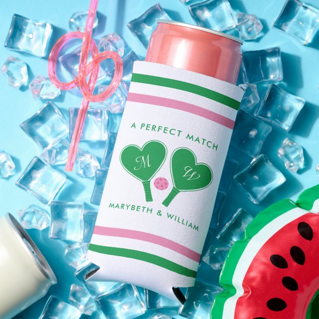 Preppy Green and Pink Wedding Pickleball Seltzer Can Cooler (In Situ Summer)