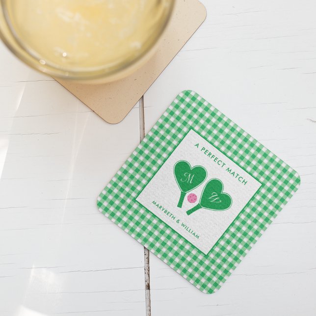 Preppy Green and Pink Wedding Pickleball Square Paper Coaster (Creator Uploaded)