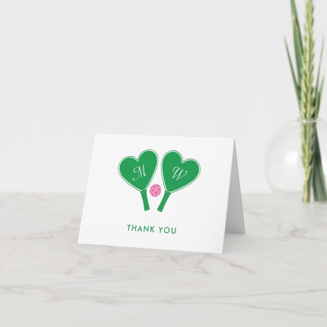 Preppy Green and Pink Wedding Pickleball Thank You Card (Front)