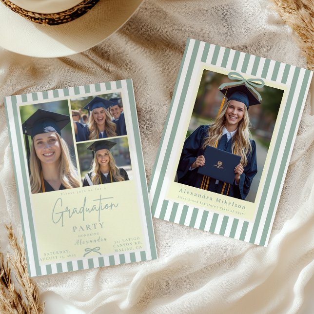 Preppy Green Bow 5 Photo Graduation Invitation (Creator Uploaded)