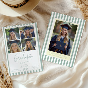 Preppy Green Bow 5 Photo Graduation Party Invitation